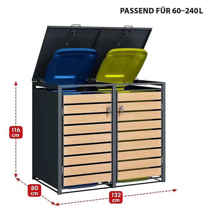 Floordirekt Mülltonnenbox Johan - Stahl, Anthrazit/Braun, Geeignet für Anzahl Mülltonnen: 2 Stk. - Bild eines Mülltonnenbox für 60-240L mit Holzverkleidung und Metallrahmen, Maße 116x80x132cm.