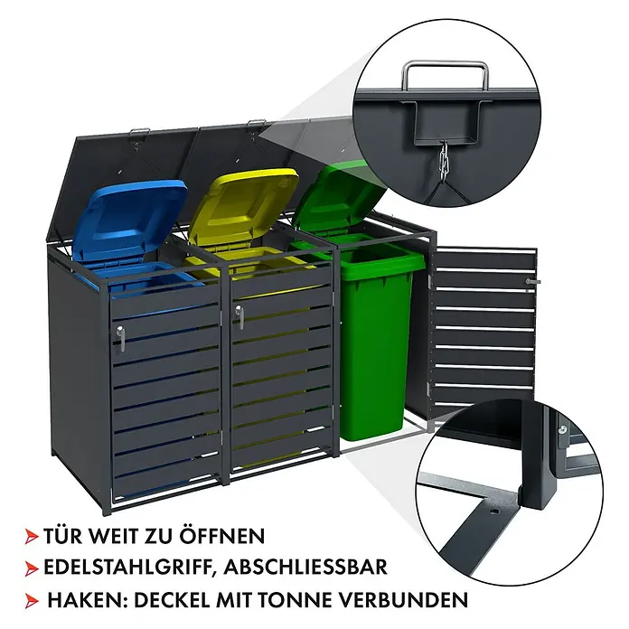 Floordirekt Mülltonnenbox Magnus - Stahl, Anthrazit, Geeignet für Anzahl Mülltonnen: 3 Stk. - Mülltonnenbox für 3 Tonnen aus Metall mit Deckel in verschiedenen Farben und abschließbarer Tür für den Außenbereich.