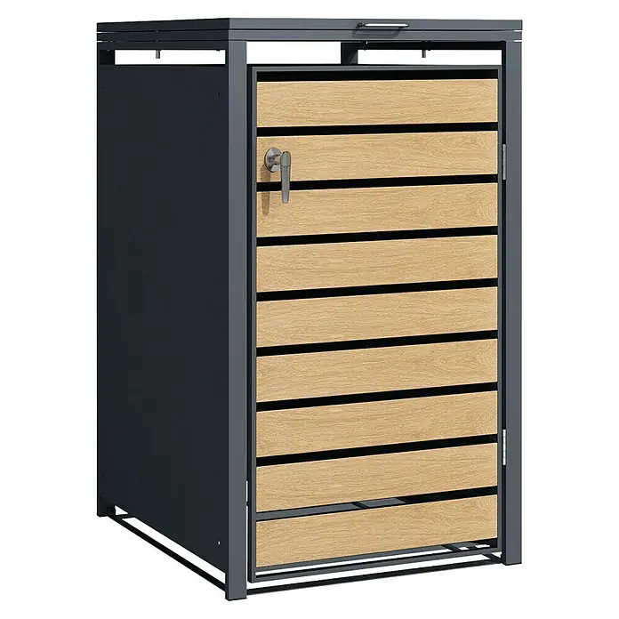 Floordirekt Mülltonnenbox Johan - Stahl, Anthrazit/Braun, Geeignet für Anzahl Mülltonnen: 1 Stk. - Eine graue Mülltonnenbox mit einer Holztür und einem silbernen Griff, die eine stilvolle und praktische Lösung zur Mülltonnenaufbewahrung bietet.