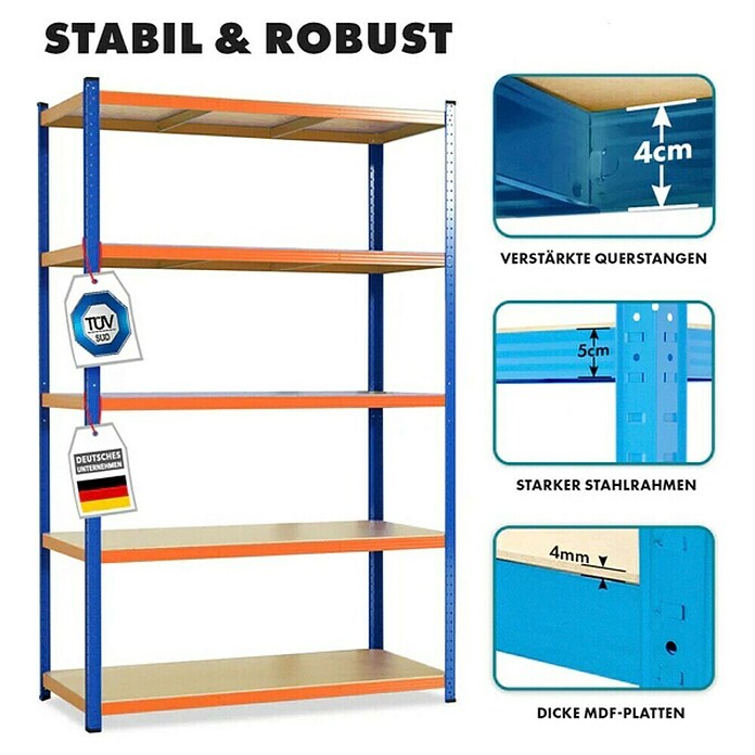 Floordirekt Schwerlastregal Titanrack (H x B x T: 220 x 90 x 60 cm, Traglast pro Boden: 175 kg, Anzahl Böden: 5 Stk., Stecken, Blau/Orange) | BAUHAUS