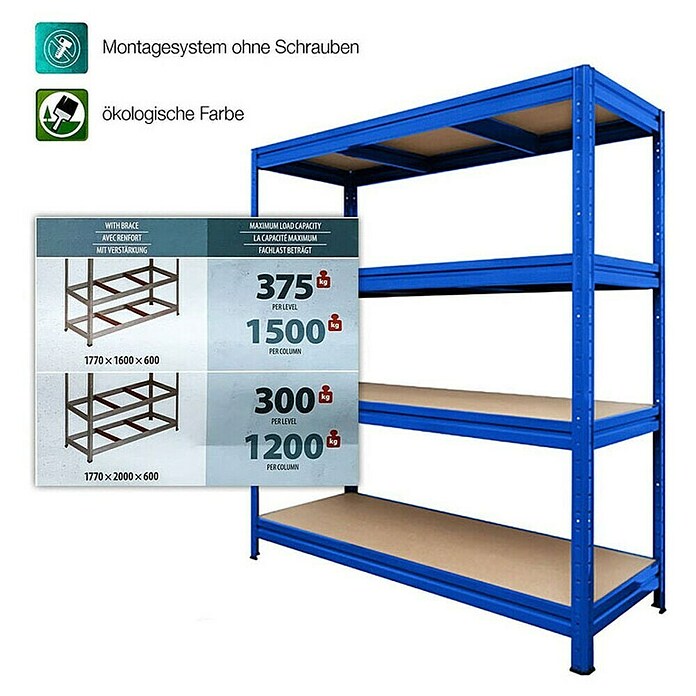 Floordirekt Schwerlastregal (H x B x T: 200 x 180 x 60 cm, Traglast pro Boden: 400 kg, Anzahl Böden: 4 Stk., Stecken, Blau) | BAUHAUS
