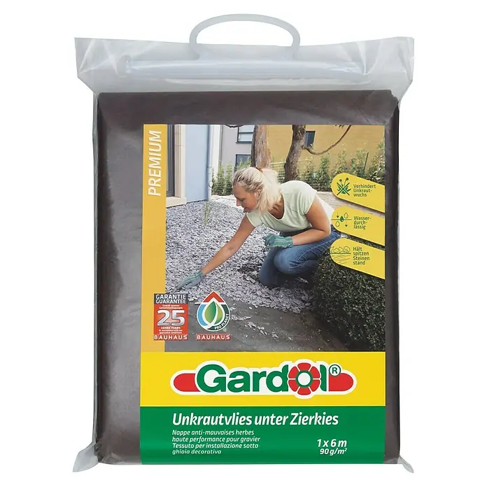 Gardol Premium Steinvlies - Polypropylen, 6 x 1 m - Das Bild zeigt eine Packung Gardol Unkrautvlies unter Zierkies, 1x6 m, 90 g/m², zur Verhinderung von Unkrautwuchs.