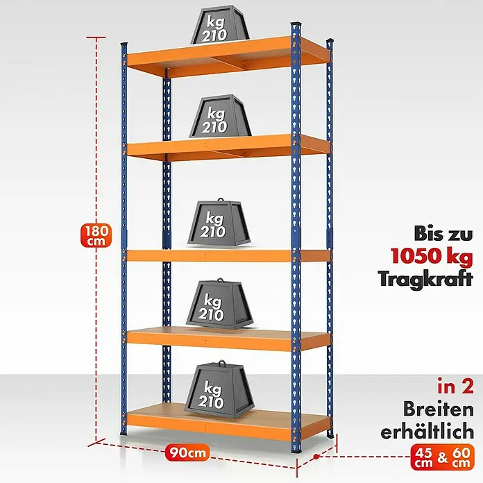 Floordirekt Schwerlastregal Rhino - H x B x T: 180 x 90 x 60 cm, Traglast pro Boden: 210 kg, Anzahl Böden: 5 Stk., Stecken, Blau/Orange - Abbildung eines Schwerlastregals mit fünf Ebenen, das mit Gewichten von je 210 kg belastet ist.