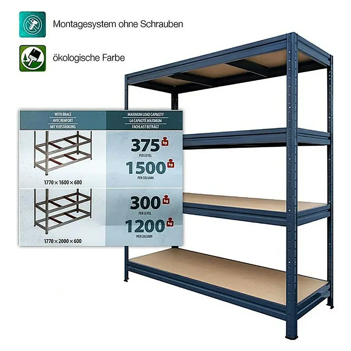 Floordirekt Schwerlastregal - H x B x T: 177 x 200 x 60 cm, Traglast pro Boden: 400 kg, Anzahl Böden: 4 Stk., Stecken, Grau - Schwerlastregal mit vier Ebenen, ideal für Lagerung und Organisation.