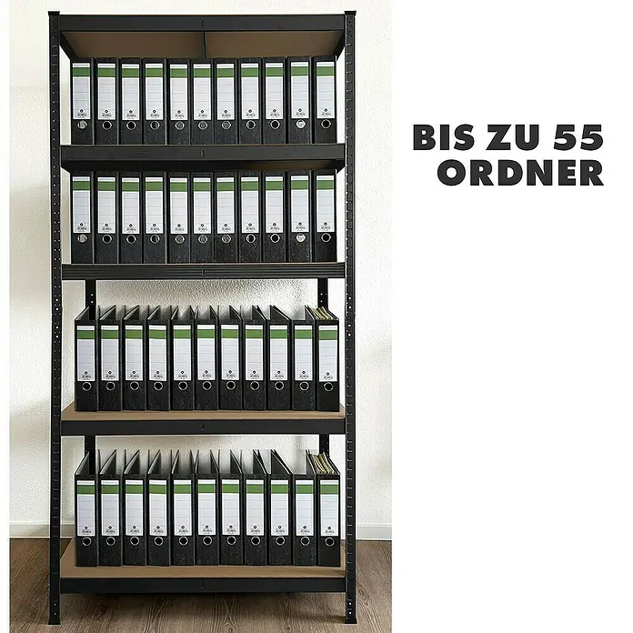 Floordirekt Schwerlastregal Set Lakota - H x B x T: 180 x 90 x 40 cm, 2 Stk., Traglast pro Boden: 175 kg, Anzahl Böden: 5 Stk., Stecken, Schwarz - Ein schwarzes Regal, gefüllt mit schwarzen Aktenordnern. Die Ordner sind ordentlich auf den Regalböden platziert und bieten viel Stauraum.