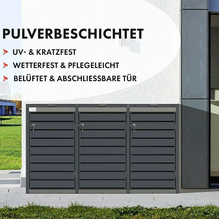 Floordirekt Mülltonnenbox Magnus - Stahl, Anthrazit, Geeignet für Anzahl Mülltonnen: 3 Stk. - Mülltonnenbox aus pulverbeschichtetem Metall. Die Box ist UV- und kratzfest, wetterfest und pflegeleicht und hat eine belüftete Tür.
