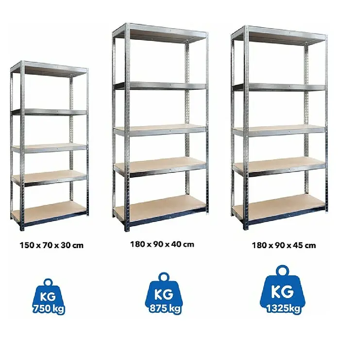 Floordirekt Schwerlastregal - H x B x T: 180 x 90 x 45 cm, Traglast pro Boden: 175 kg, Anzahl Böden: 5 Stk., Stecken, Silber - Bild von drei robusten Metallregalen in verschiedenen Größen, ideal für Lagerung und Organisation.