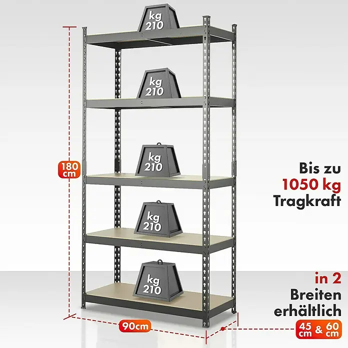Floordirekt Schwerlastregal Rhino - H x B x T: 180 x 90 x 60 cm, Traglast pro Boden: 210 kg, Anzahl Böden: 5 Stk., Stecken, Anthrazit - Abbildung eines Schwerlastregals mit fünf Ablageflächen und Gewichten, das in zwei Breiten erhältlich ist.