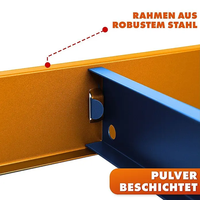 Floordirekt Schwerlastregal Rhino - H x B x T: 180 x 90 x 60 cm, Traglast pro Boden: 210 kg, Anzahl Böden: 5 Stk., Stecken, Blau/Orange - Detailansicht eines Regalsystems mit Rahmen aus robustem Stahl und Pulverbeschichtung für hohe Stabilität und lange Lebensdauer.