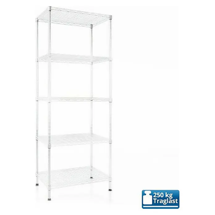 Floordirekt Gitterregal Rocky - H x B x T: 200 x 60 x 90 cm, Traglast pro Boden: 50 kg, Anzahl Böden: 5 Stk., Stecken, Weiß - Weisses, freistehendes Regal mit 5 Ablagen, ideal für zusätzlichen Stauraum und zur Organisation verschiedener Gegenstände.