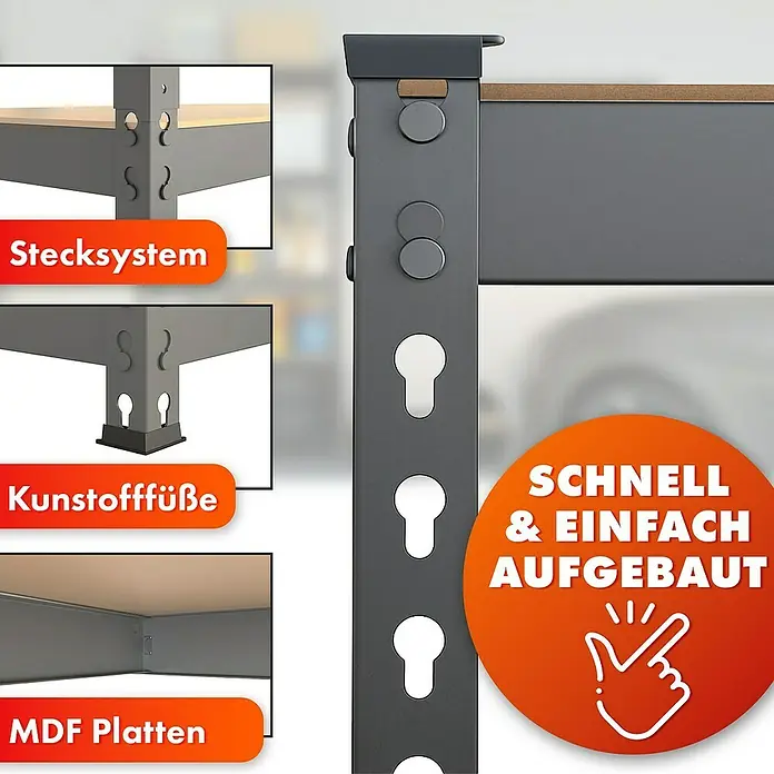 Floordirekt Schwerlastregal Rhino - H x B x T: 180 x 90 x 60 cm, Traglast pro Boden: 210 kg, Anzahl Böden: 5 Stk., Stecken, Anthrazit - Regalsystem mit Stecksystem, Kunststofffüßen und MDF-Platten für schnelle und einfache Montage. Praktisch und stabil.