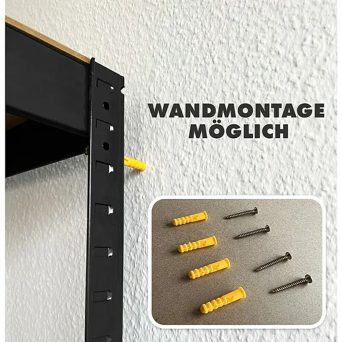 Floordirekt Schwerlastregal Set Lakota - H x B x T: 180 x 90 x 40 cm, 2 Stk., Traglast pro Boden: 175 kg, Anzahl Böden: 5 Stk., Stecken, Schwarz - Wandmontage des Regals mit Dübeln und Schrauben. Die gelben Dübel sind passend zu den Schrauben, um das Regal sicher an der Wand zu befestigen.