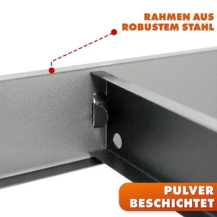 Floordirekt Schwerlastregal Rhino - H x B x T: 180 x 90 x 60 cm, Traglast pro Boden: 210 kg, Anzahl Böden: 5 Stk., Stecken, Anthrazit - Detailaufnahme des pulverbeschichteten Stahlrahmens, der Robustheit und Langlebigkeit des Produkts gewährleistet.