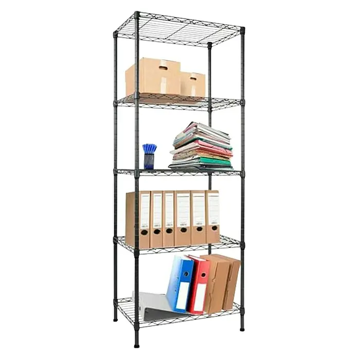 Floordirekt Gitterregal Rocky - H x B x T: 200 x 45 x 90 cm, Traglast pro Boden: 50 kg, Anzahl Böden: 5 Stk., Stecken, Weiß - Aufnahme eines schwarzen Metallregals mit mehreren Regalen, die mit verschiedenen Bürogegenständen wie Ordnern und Kisten gefüllt sind.