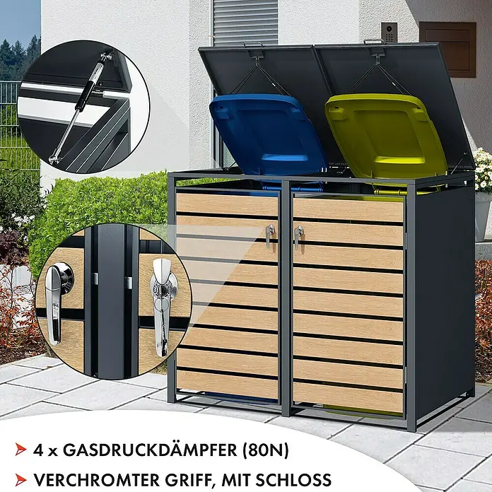 Floordirekt Mülltonnenbox Johan - Stahl, Anthrazit/Braun, Geeignet für Anzahl Mülltonnen: 2 Stk. - Bild einer Mülltonnenbox mit Holzverkleidung und Gasdruckdämpfern für einfaches Öffnen des Deckels und verchromten Griffen mit Schloss.