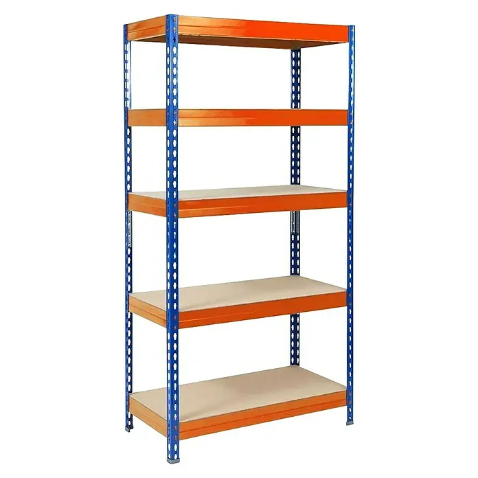 Floordirekt Schwerlastregal - H x B x T: 200 x 150 x 60 cm, Traglast pro Boden: 400 kg, Anzahl Böden: 4 Stk., Stecken, Blau/Orange - Aufnahme eines leeren Lagerregals mit fünf Regalböden, das die Aufbewahrungsmöglichkeiten und die robuste Konstruktion hervorhebt.