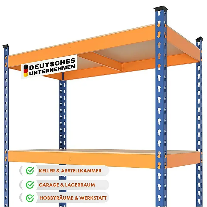 Floordirekt Schwerlastregal Rhino - H x B x T: 180 x 90 x 60 cm, Traglast pro Boden: 210 kg, Anzahl Böden: 5 Stk., Stecken, Blau/Orange - Ein blau-oranges Schwerlastregal mit zwei Regalböden, ideal für Keller, Garage oder Hobbyraum. Deutsches Unternehmen Logo oben links.