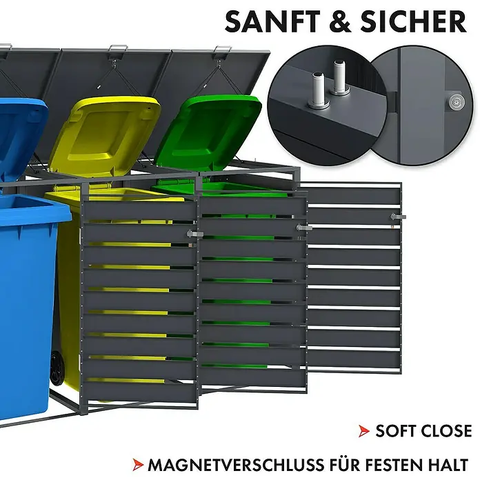 Floordirekt Mülltonnenbox Johan - Stahl, Anthrazit/Braun, Geeignet für Anzahl Mülltonnen: 3 Stk. - Mülltonnenbox mit Deckel und Tür, ideal für die Aufbewahrung von Mülltonnen. Die Box ist abschließbar und bietet Schutz vor Wind und Wetter.