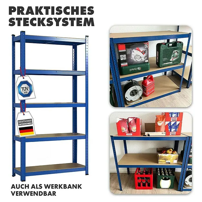 Floordirekt Schwerlastregal Titanrack - H x B x T: 180 x 90 x 40 cm, Traglast pro Boden: 175 kg, Anzahl Böden: 5 Stk., Stecken, Blau - Bild eines blauen Schwerlastregals mit 5 Regalböden, ideal für Werkstatt oder Lager. Als Werkbank verwendbar.