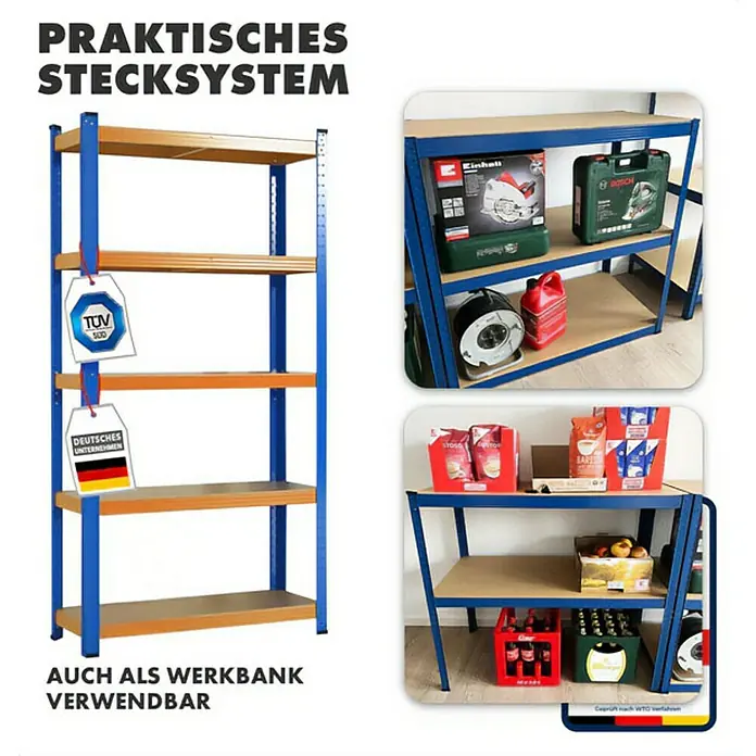 Floordirekt Schwerlastregal Titanrack - H x B x T: 220 x 120 x 45 cm, Traglast pro Boden: 250 kg, Anzahl Böden: 5 Stk., Stecken, Blau/Orange - Das Bild zeigt ein blaues, modulares Schwerlastregal mit Holzböden, das auch als Werkbank verwendet werden kann.