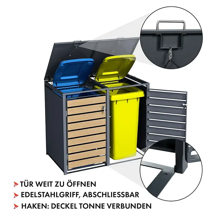 Floordirekt Mülltonnenbox Johan - Stahl, Anthrazit/Braun, Geeignet für Anzahl Mülltonnen: 2 Stk. - Mülltonnenbox für zwei Mülltonnen mit Holztür und Metallrahmen, ideal für die Mülltrennung und zur Aufbewahrung im Freien.