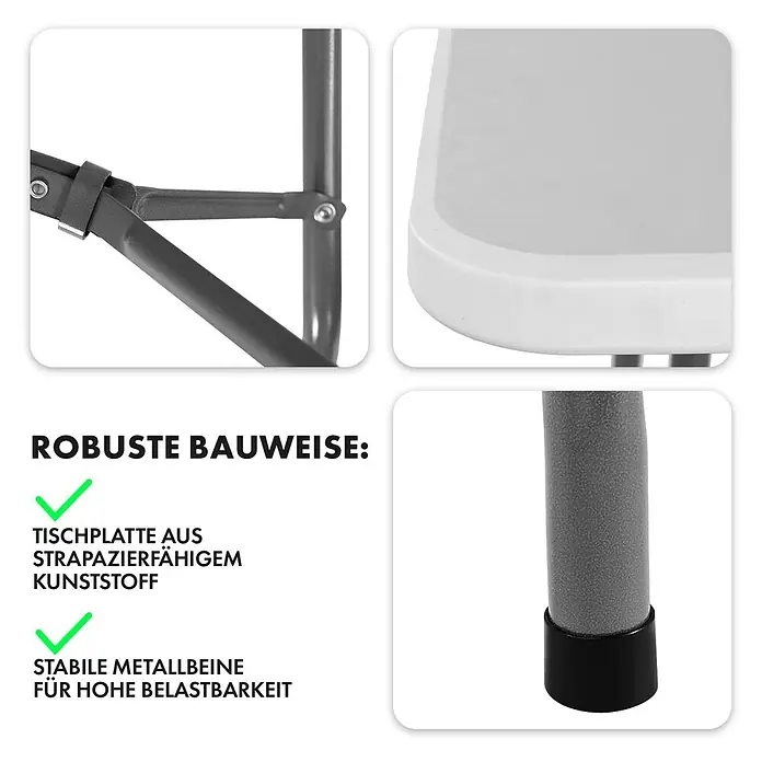 Floordirekt Gartentisch Akita - L x B x H: 183 x 76 x 74 cm, Kunststoff, Rechteckig, Weiß - Detailansichten des Klapptisches mit stabiler Bauweise, strapazierfähiger Tischplatte und robusten Metallbeinen für hohe Belastbarkeit.