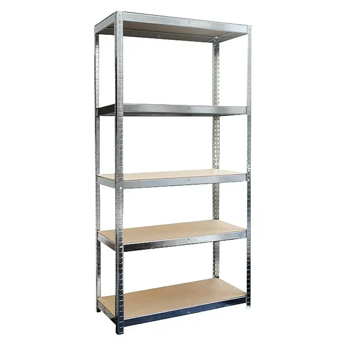 Floordirekt Schwerlastregal - H x B x T: 180 x 90 x 45 cm, Traglast pro Boden: 175 kg, Anzahl Böden: 5 Stk., Stecken, Silber - Abbildung eines Metallregals mit fünf Holzböden. Das Regal ist stabil und bietet viel Stauraum für verschiedene Gegenstände.