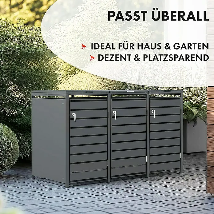 Floordirekt Mülltonnenbox Magnus - Stahl, Anthrazit, Geeignet für Anzahl Mülltonnen: 3 Stk. - Bild einer Mülltonnenbox aus Metall, ideal für Haus und Garten, dezent und platzsparend.