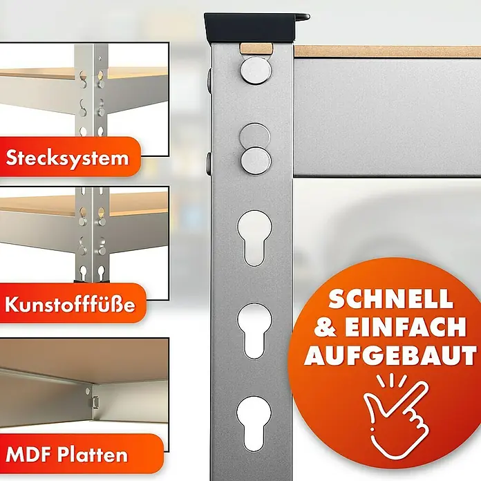 Floordirekt Schwerlastregal Rhino - H x B x T: 180 x 90 x 60 cm, Traglast pro Boden: 210 kg, Anzahl Böden: 5 Stk., Stecken, Silber - Produktabbildung eines Regalsystems mit Stecksystem, Kunststofffüßen und MDF-Platten. Schneller und einfacher Aufbau wird hervorgehoben.