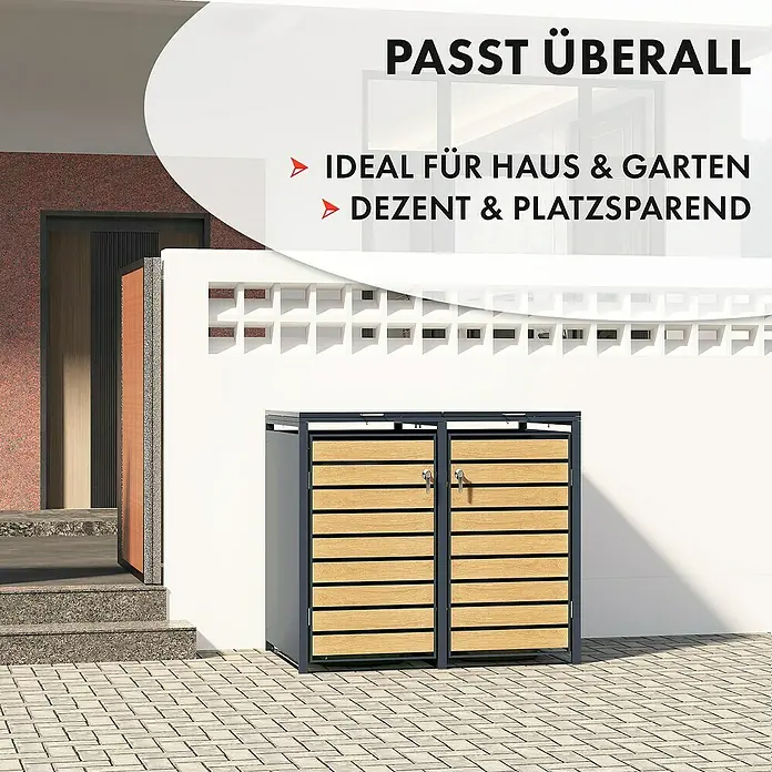 Floordirekt Mülltonnenbox Johan - Stahl, Anthrazit/Braun, Geeignet für Anzahl Mülltonnen: 2 Stk. - Eine elegante Mülltonnenbox für zwei Tonnen. Das Produkt ist ideal für Haus und Garten, dezent und platzsparend.