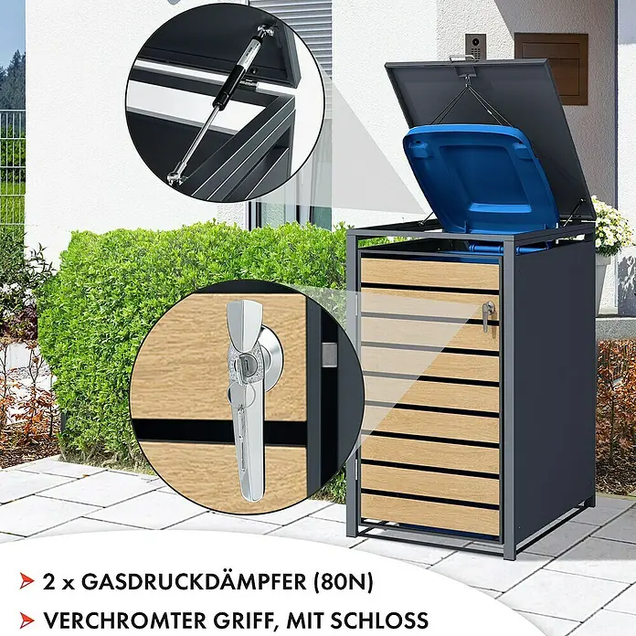 Floordirekt Mülltonnenbox Johan - Stahl, Anthrazit/Braun, Geeignet für Anzahl Mülltonnen: 1 Stk. - Bild einer Mülltonnenbox mit Holzverkleidung, Gasdruckdämpfern und verchromtem Griff mit Schloss.
