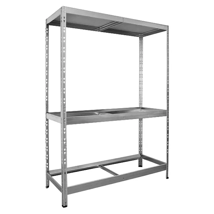 Floordirekt Reifenregal - H x B x T: 180 x 130 x 50 cm, Anzahl Träger: 2 Stk., Stecken, Silber - Nahaufnahme eines dreistöckigen Schwerlastregals aus Metall, das für Lagerung und Organisation konzipiert ist. Ideal für Werkstatt oder Lager.