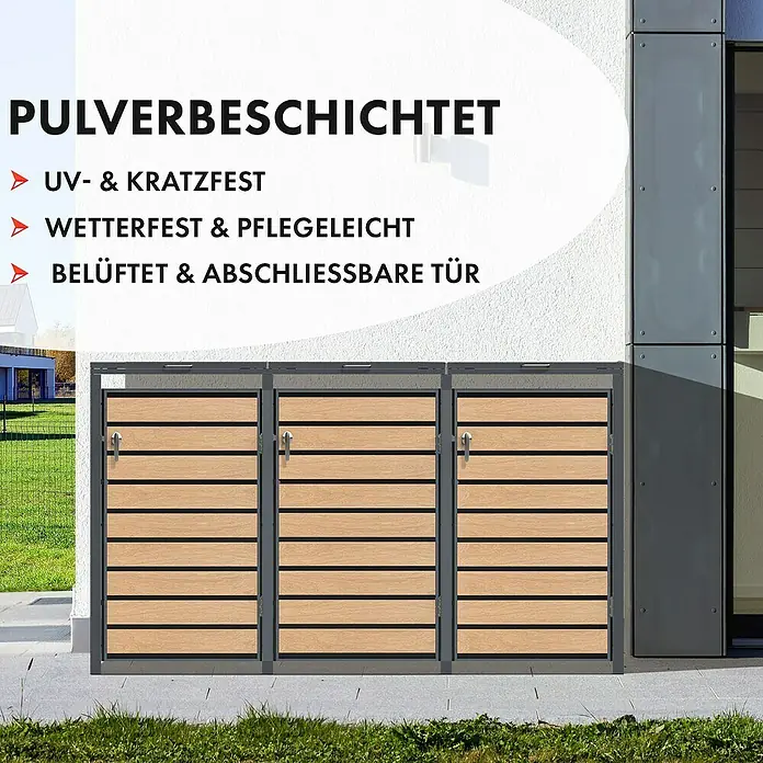 Floordirekt Mülltonnenbox Johan - Stahl, Anthrazit/Braun, Geeignet für Anzahl Mülltonnen: 3 Stk. - Bild eines dreiteiligen, pulverbeschichteten Mülltonnenbox-Sets mit horizontalen Holzlatten und abschließbaren Türen.