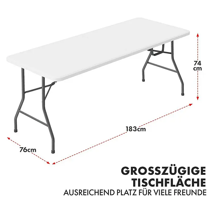 Floordirekt Gartentisch Akita - L x B x H: 183 x 76 x 74 cm, Kunststoff, Rechteckig, Weiß - Abbildung eines Klapptisches mit den Maßen 183x76x74cm.