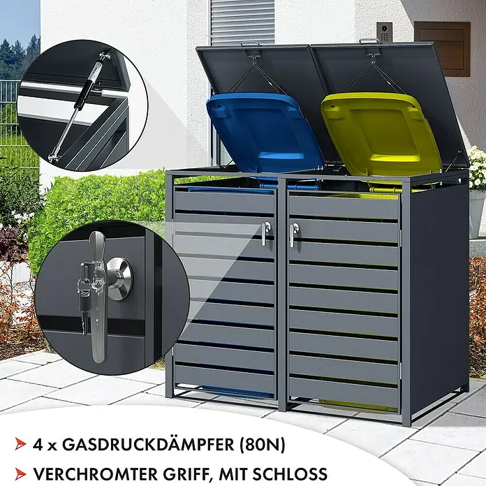 Floordirekt Mülltonnenbox Magnus - Stahl, Anthrazit, Geeignet für Anzahl Mülltonnen: 2 Stk. - Mülltonnenbox für zwei Tonnen mit Gasdruckdämpfern und verchromtem Griff mit Schloss zur Aufbewahrung.