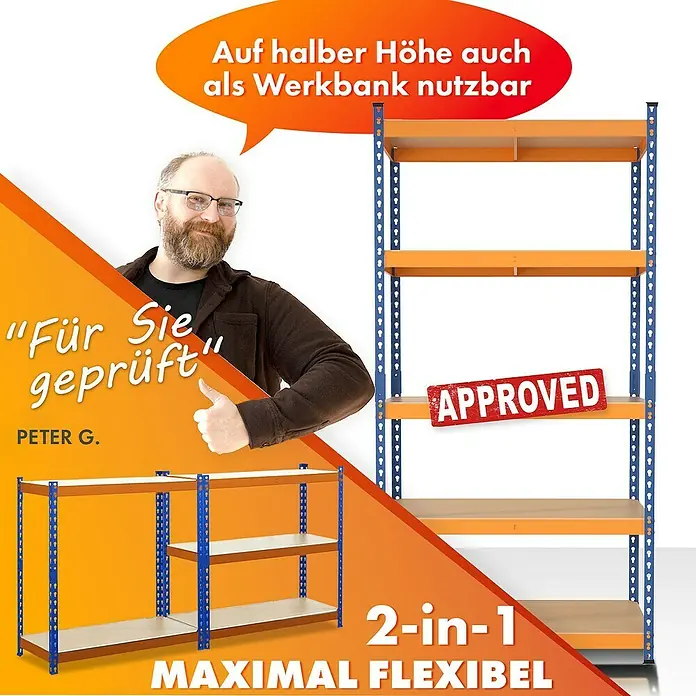 Floordirekt Schwerlastregal Rhino - H x B x T: 180 x 90 x 60 cm, Traglast pro Boden: 210 kg, Anzahl Böden: 5 Stk., Stecken, Blau/Orange - Produktbild eines flexiblen Regalsystems, das sowohl als Regal als auch als Werkbank genutzt werden kann.
