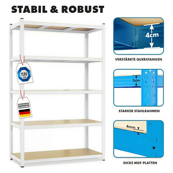 Floordirekt Schwerlastregal Titanrack (H x B x T: 180 x 90 x 60 cm, Traglast pro Boden: 175 kg, Anzahl Böden: 5 Stk., Stecken, Weiß) | BAUHAUS