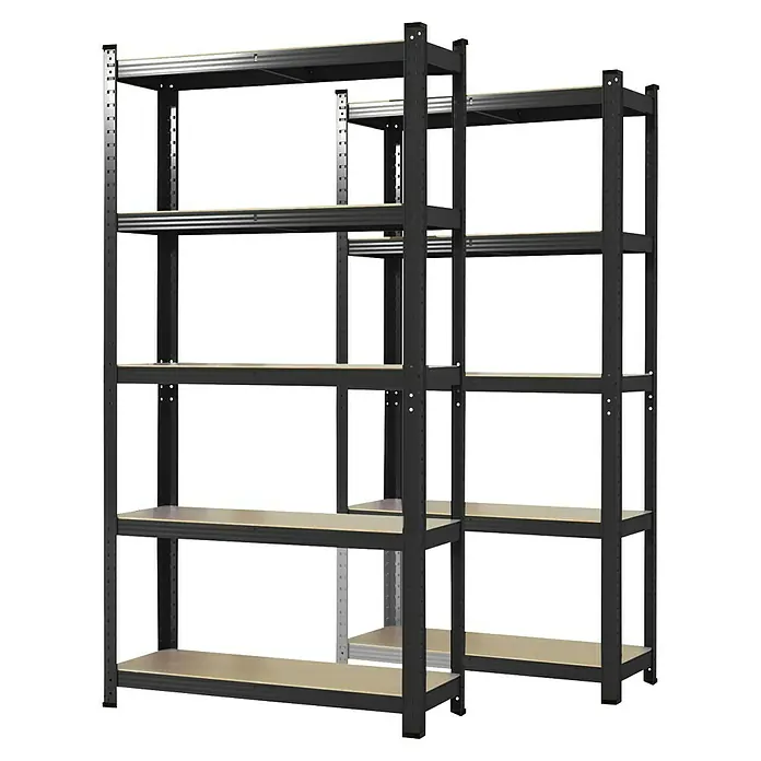 Floordirekt Schwerlastregal Set Lakota - H x B x T: 180 x 90 x 40 cm, 2 Stk., Traglast pro Boden: 175 kg, Anzahl Böden: 5 Stk., Stecken, Schwarz - Das Bild zeigt ein robustes, schwarzes Metallregal mit hellbraunen Holzregalböden, ideal für Lagerung und Organisation.