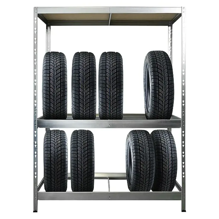 Floordirekt Reifenregal - H x B x T: 180 x 130 x 50 cm, Anzahl Träger: 2 Stk., Stecken, Silber - Ein Reifenregal aus Metall mit Winterreifen. Ideal zur Lagerung von Reifen in der Garage oder Werkstatt, um Platz zu sparen und Ordnung zu halten.