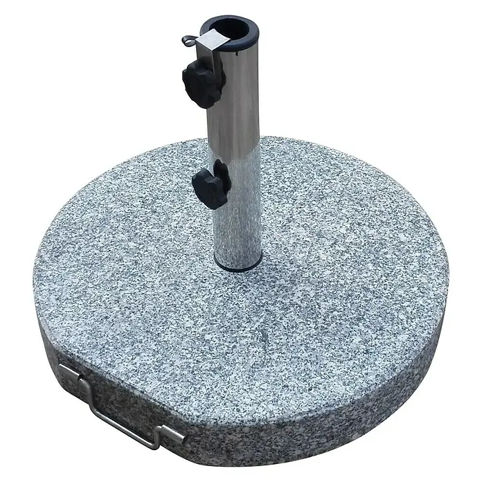 Granitschirmständer - 30 kg, Durchmesser: 45 cm - Hier ist ein runder, grauer Schirmständer aus Granit mit einem polierten Metallrohr in der Mitte zur Schirmbefestigung.