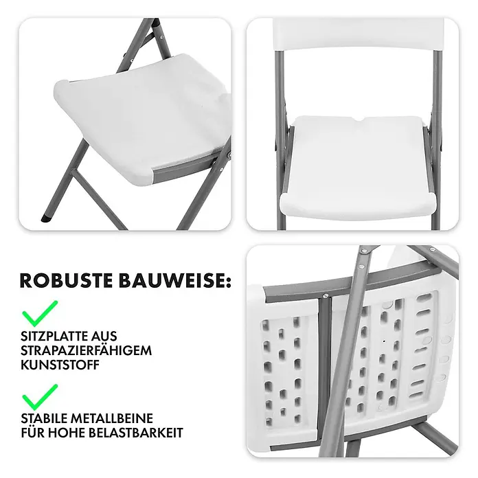 Floordirekt Klappstuhl Okinawa - Kunststoff, Klappbar, Weiß, B x T x H: 46 x 57 x 83 cm - Detailansicht eines weißen Klappstuhls, der robuste Bauweise mit strapazierfähigem Kunststoff und stabilen Metallbeinen zeigt.