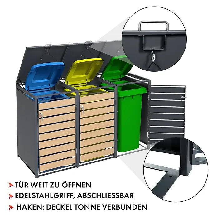 Floordirekt Mülltonnenbox Johan - Stahl, Anthrazit/Braun, Geeignet für Anzahl Mülltonnen: 3 Stk. - Das Bild zeigt eine graue Mülltonnenbox für drei Mülltonnen mit farbigen Deckeln und Holzverkleidung. Details sind vergrößert dargestellt.