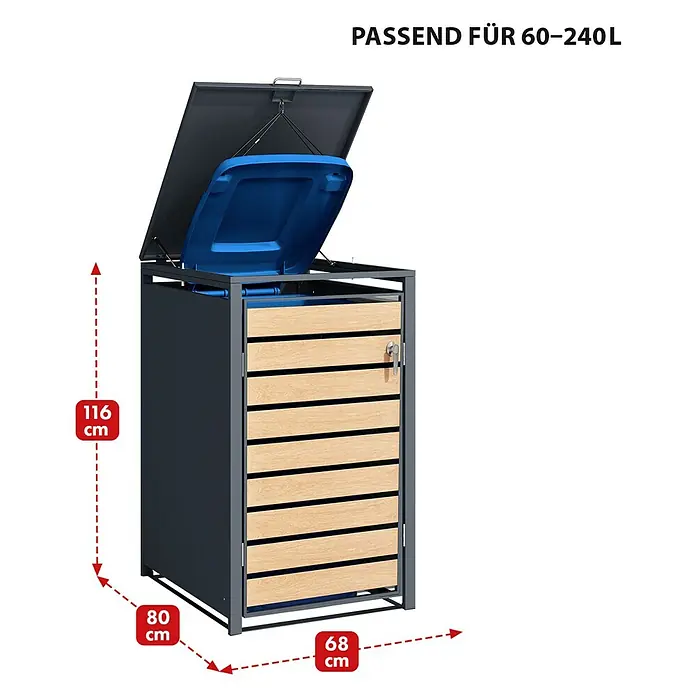 Floordirekt Mülltonnenbox Johan - Stahl, Anthrazit/Braun, Geeignet für Anzahl Mülltonnen: 1 Stk. - Bild einer Mülltonnenbox für 60-240L Mülltonnen mit den Maßen 116x80x68 cm.