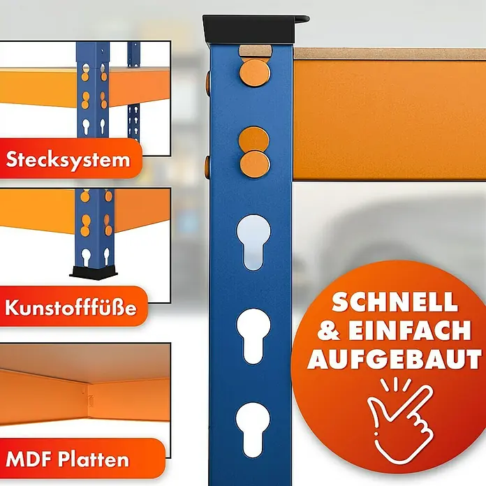 Floordirekt Schwerlastregal Rhino - H x B x T: 180 x 90 x 60 cm, Traglast pro Boden: 210 kg, Anzahl Böden: 5 Stk., Stecken, Blau/Orange - Regalsystem mit Stecksystem, Kunststofffüßen und MDF-Platten für schnelle & einfache Montage.