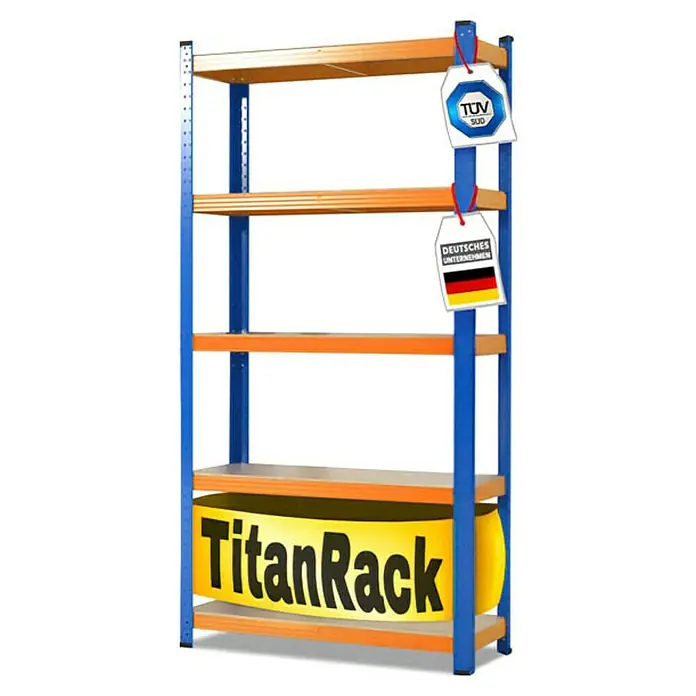 Floordirekt Schwerlastregal Titanrack - H x B x T: 220 x 90 x 60 cm, Traglast pro Boden: 175 kg, Anzahl Böden: 5 Stk., Stecken, Blau/Orange - Ein Regal von TitanRack mit blauem Rahmen und Holzregalböden, versehen mit Qualitätssiegeln. Das Regal bietet viel Stauraum.