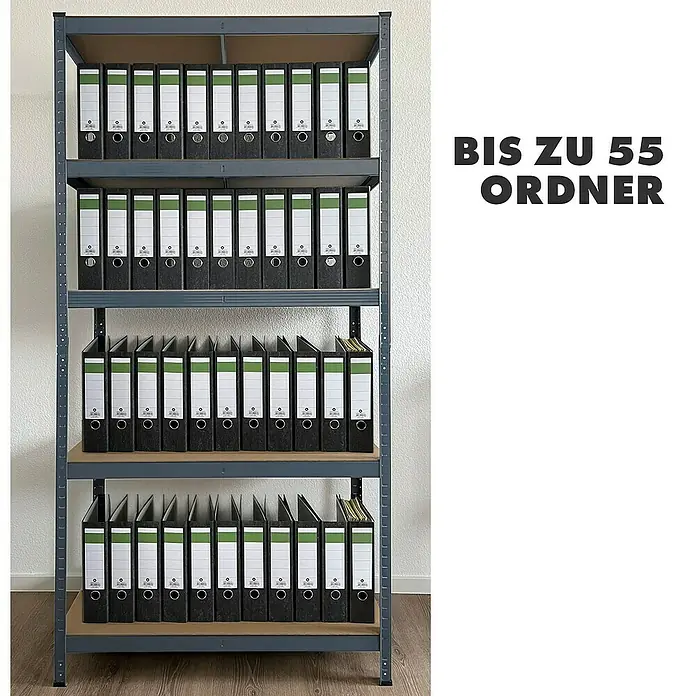 Floordirekt Schwerlastregal Set Lakota - H x B x T: 150 x 75 x 30 cm, 2 Stk., Traglast pro Boden: 175 kg, Anzahl Böden: 5 Stk., Stecken, Grau - Ein Regal voller Aktenordner. Das Regal ist mit schwarzen Aktenordnern bestückt, die jeweils ein grünes Etikett und ein Sichtloch haben.