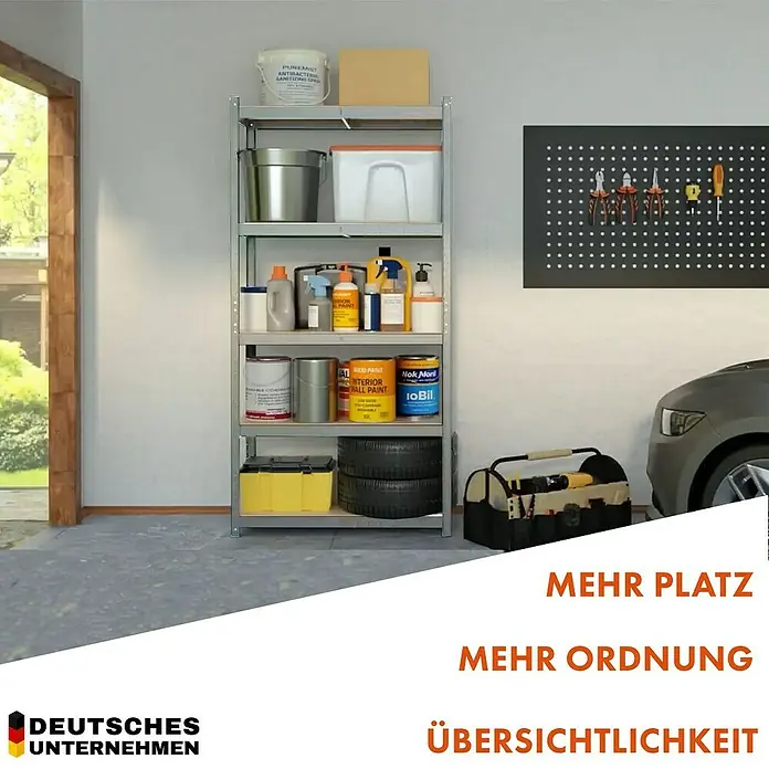 Floordirekt Schwerlastregal Rhino - H x B x T: 180 x 90 x 60 cm, Traglast pro Boden: 210 kg, Anzahl Böden: 5 Stk., Stecken, Silber - Das Bild zeigt ein Regal mit verschiedenen Werkzeugen und Farben in einer Garage, was eine gute Organisation ermöglicht.