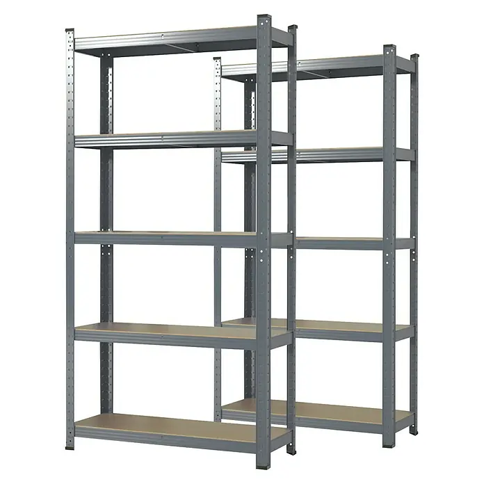 Floordirekt Schwerlastregal Set Lakota - H x B x T: 150 x 75 x 30 cm, 2 Stk., Traglast pro Boden: 175 kg, Anzahl Böden: 5 Stk., Stecken, Grau - Zwei graue Metallregale mit Holzregalböden, ideal für Lagerung und Organisation in Werkstatt oder Keller.