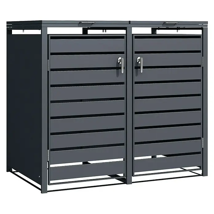 Floordirekt Mülltonnenbox Magnus - Stahl, Anthrazit, Geeignet für Anzahl Mülltonnen: 2 Stk. - Grauer Mülltonnenbox mit zwei Türen und horizontalen Lamellen für stilvolle und diskrete Mülltonnenaufbewahrung im Außenbereich.