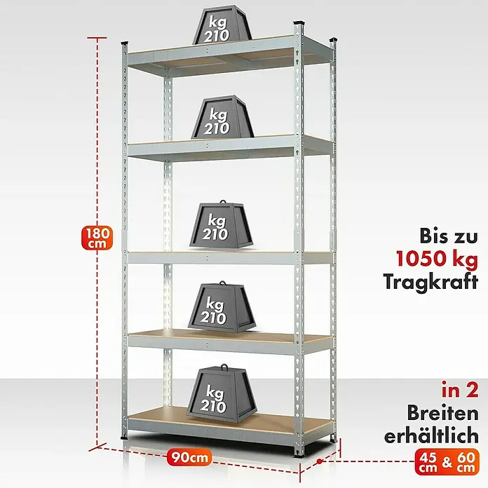 Floordirekt Schwerlastregal Rhino - H x B x T: 180 x 90 x 60 cm, Traglast pro Boden: 210 kg, Anzahl Böden: 5 Stk., Stecken, Silber - Abbildung eines robusten Metallregals mit fünf Ablagen, belastet mit Gewichten zur Veranschaulichung der hohen Tragkraft.